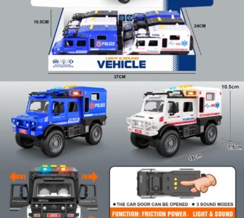 Friction Unimok police car/lights/music 3 buttons/can open the door