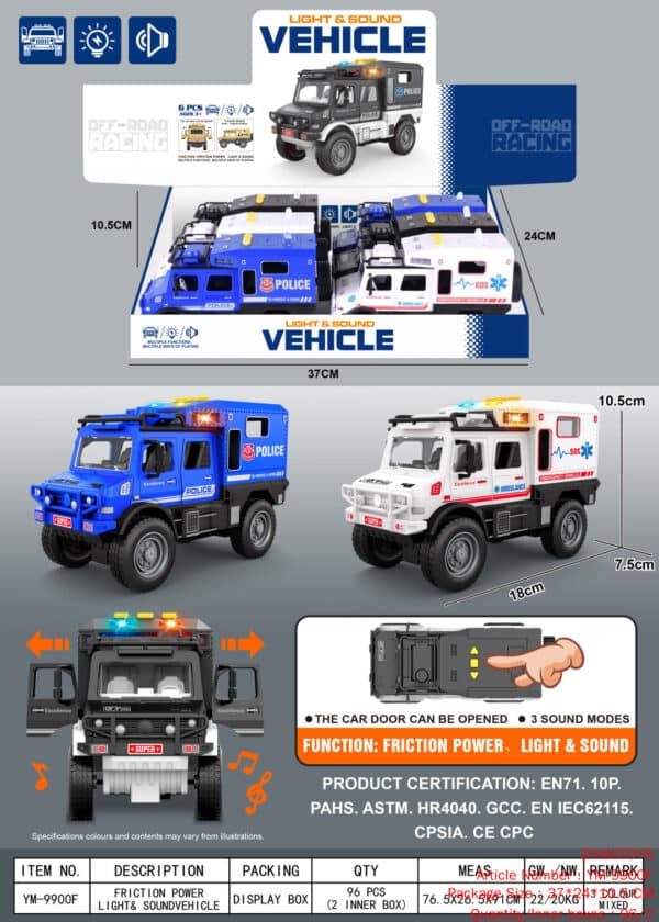 Friction Unimok police car/lights/music 3 buttons/can open the door