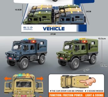 Friction Unimok military car/lights/music 3 buttons/can open the door