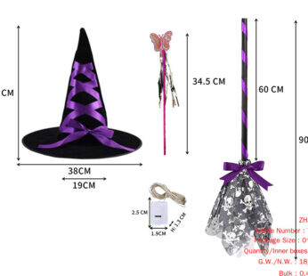 Halloween Hat, Broom, Magic Wand Three-Piece Set