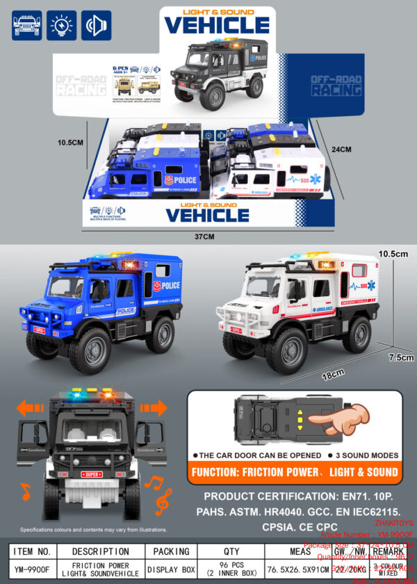 Friction Unimok police car/lights/music 3 buttons/can open the door